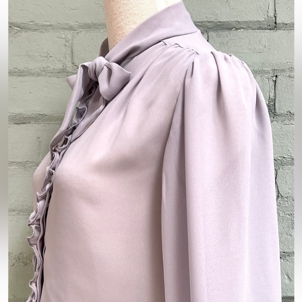 Vintage Sheer Gray Long Sleeve Ruffle Blouse with Bow Tie Collar - Picture 4 of 8